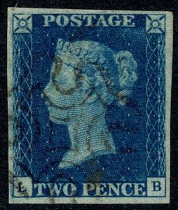 GB 2d deep blue SG 4 Plate 2 LB. Lightly cancelled by black Maltese Cross.