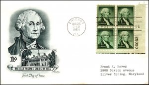 Scott 1031 1 Cent Washington Artmaster FDC Typed Addr Plate Blk Planty 1031-6