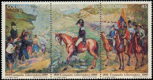 Colombia #994, Complete Set, Strip of 3, 1989, Horses, Never Hinged