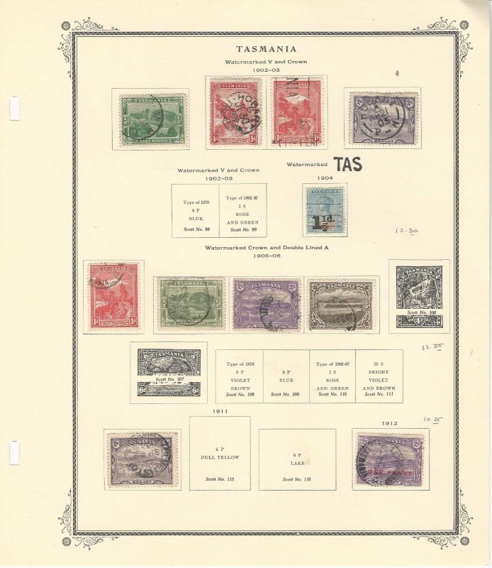 Tasmania Stamp Collection 1853 to 1912 on 9 Scott Specialty Pages