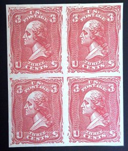 Scott #79-E25a - 3c Dark Red - Lithographic Plate Essay - Block of 4