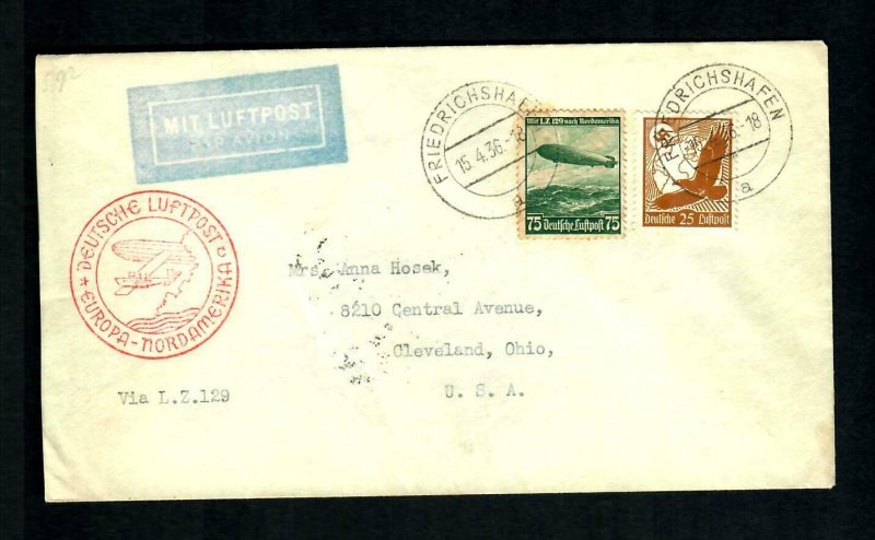 Lot 4 Germany to U.S.A. cover 1936 Via L.Z. 129  Zeppelin Luftpost Nordamerika