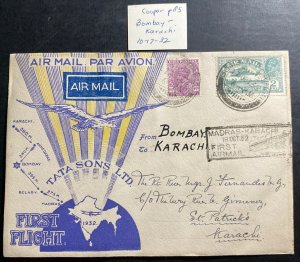 1932 Bombay India First Flight Airmail cover FFC To Karachi Tata Airways