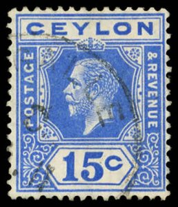 CEYLON Sc 206 USED - 1912 15c King George V - Die I, Wmk: Multi Crown Block CA