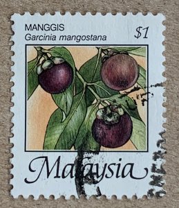 Malaysia 1986 $1 mangosteen perf 12, used. Scott 332, CV $0.35. SG 347