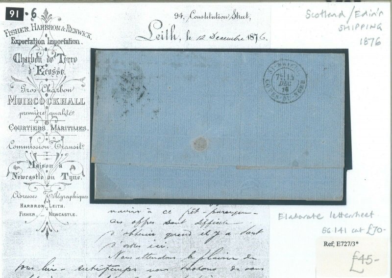 GB SCOTLAND SG.141 Cover Fancy LEITH *COAL* Shipping Letterhead 1876 France 91.6 