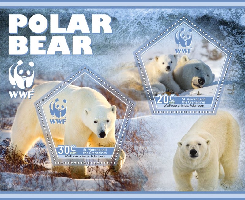 Stamps. Fauna.WWF. Polar Bear 2021 year 1+1 sheets perf St.Vincent