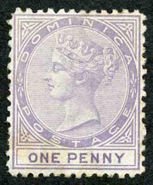 DOMINICA SG1 1874 1d Lilac Wmk Crown CC perf 12.5 (small stain) M/Mint