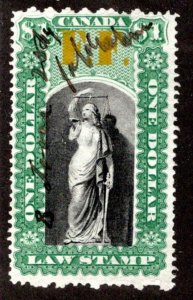 van Dam OL26, $1, used, F.F. o/p, thin paper, Canada , Law Revenue