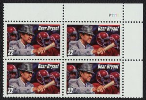 1997 Bear Bryant Football Coach Plate Block of 4 32c Stamps, Sc# 3148, MNH, OG