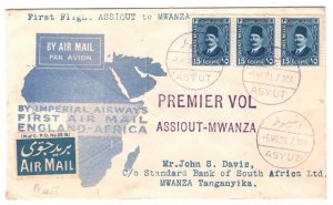 EGYPT Air Mail Cover IMPERIAL FIRST FLIGHT TANGANYIKA Mwanza Assiout 1931 MA980