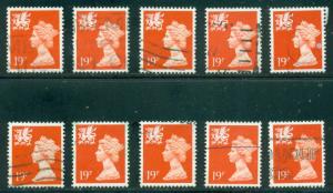 GREAT BRITAIN WALES SG-W50, SCOTT # WMMH-36, USED, 10 STAMPS, GREAT PRICE