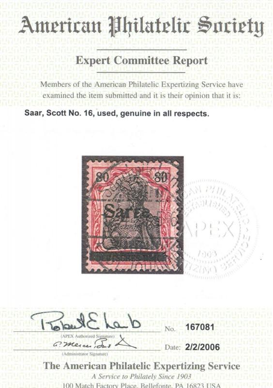 Saar #16 Very Fine Used **With Certificate**