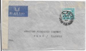 Tel-Aviv, Palestine to Peru, IL 1944 Airmail Censor Tape Ty 8, Sc 4 (C5630)