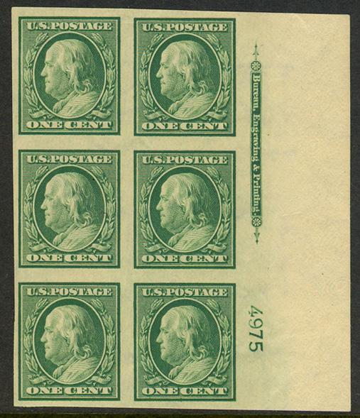 US 343 \ONE CENT\ 1908 Imperforate Plate Block of 6, MNH