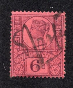 Great Britain 1887 6p violet on rose Victoria, Scott 119 used, value = $12.50