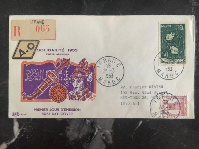 1953 Ifrane Morocco First Day cover FDC to New York USA  Solidarity Fund