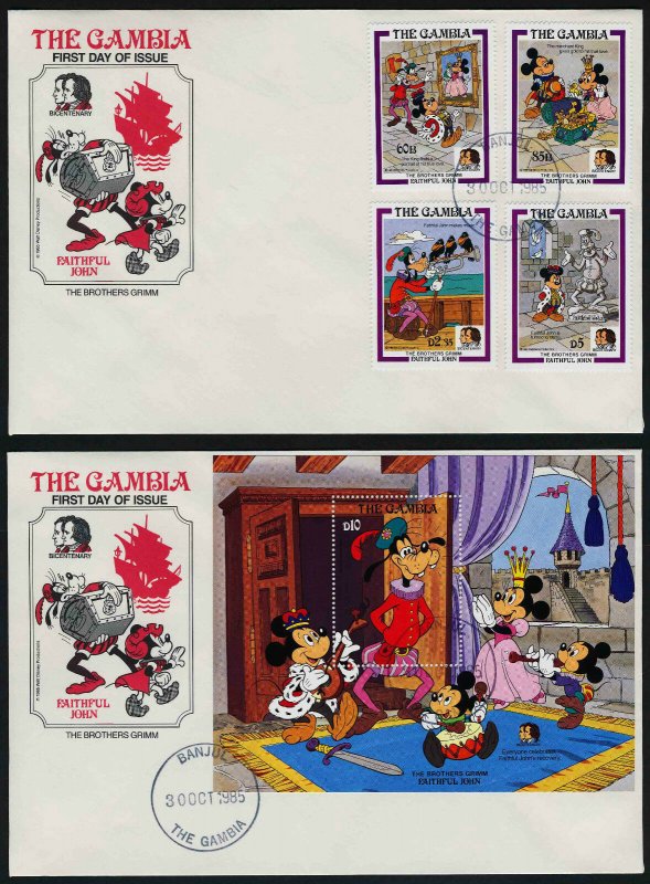 Gambia 560-9 on FDC's Disney, Mark Twain, Faithful John, Brothers Grimm