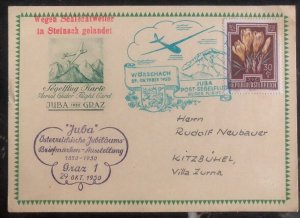 1950 Juba Austria Glider Flight Postcard Cover To Graz First Day Centenary Label