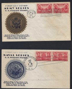 USA 1937 Scott 786 & 791 FDC Matching Army-Navy Cachets Pairs