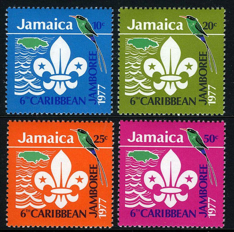 Jamaica 427-430, MNH. 6th Caribbean Jamboree. Scout Emblem, Doctor Bird, 1977