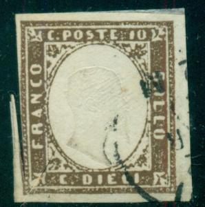 ITALIAN STATES SARDINIA #11j, 10¢ dark brown used on piece, Scott $360.00