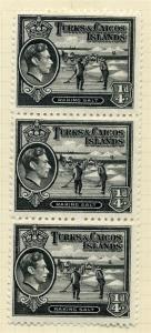 TURKS & CAICOS;  1938 early GVI issue fine Mint hinged 1/4d. STRIP ( Base MNH )