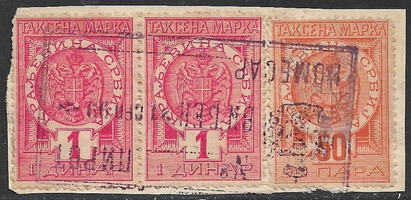 SERBIA 1897-99 50pa &2x 1d PERF. 11 1/2 General Duty Arms Revenue Bft.49,50 VFU