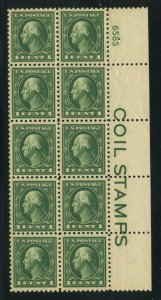 424, COIL STAMPS Plate Block of 10, Mint NH, PSE Graded XF 90 Certificate