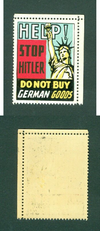 USA. Patriotic WWII Poster Stamp MNH.  Stop Hitler. Do Not Buy German Goods