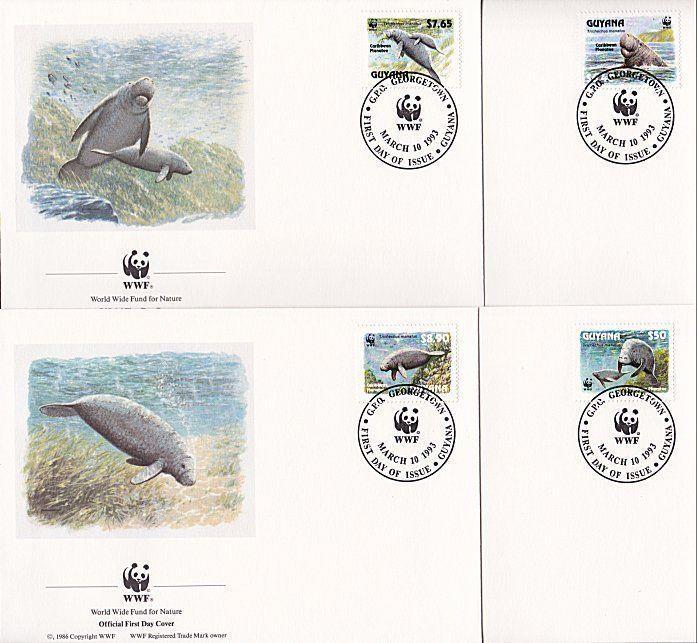 GUYANA 1993 WWF Marine Mammals set of 4 FDCs................................9281