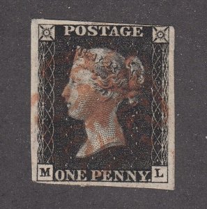 Great Britain #1 Used, 4 Clear Margins, Red Cancel