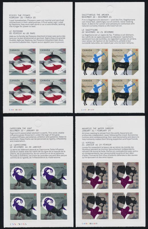 Canada 2457-60 Top Booklet Panes MNH Signs of the Zodiac, Pisces, Aquarius
