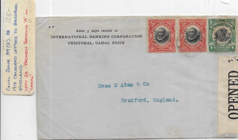1918 Cristobal, Canal Zone to Bradford, England, Censored (C6441)