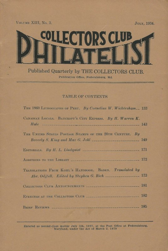 Lot of 10 Early Issues, Collectors Club Philatelist, July 1934 - Oct. 1938 