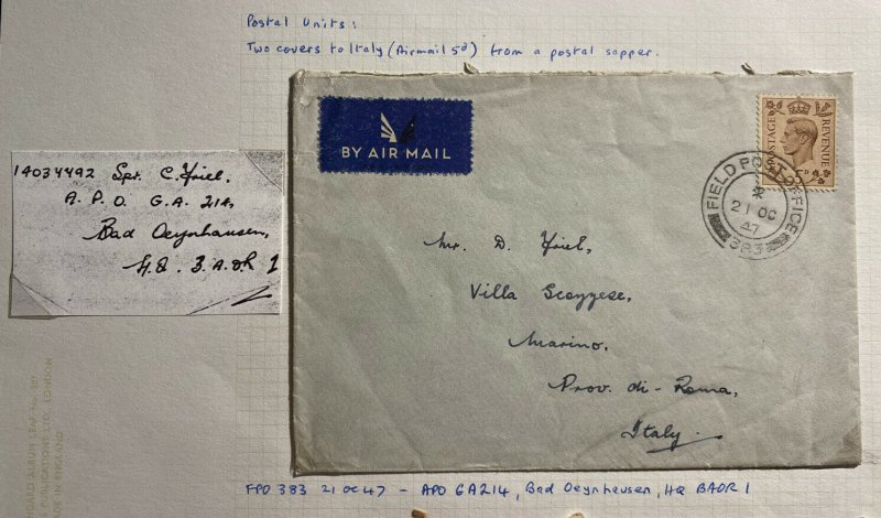 1947 BAOR British Field Post Office 383 Germany Airmail Cover To Rome Italy