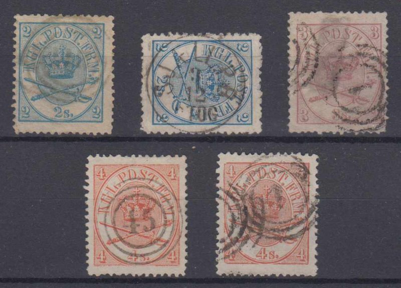 DENMARK 1864-68 ROYAL EMBLEMS Sc 11-13 (5x) CANCELS 45, 1, SJALLPR. CV$161 