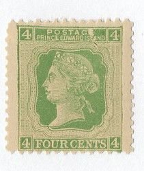 Prince Edward Island (Canada) Sc #14  4cents yellow green damaged 'E...