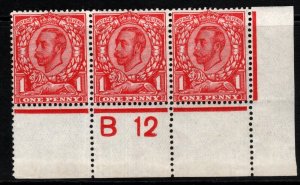 GB SG341 1912 1d BRIGHT SCARLET CONTROL B12 STRIP OF 3 MNH