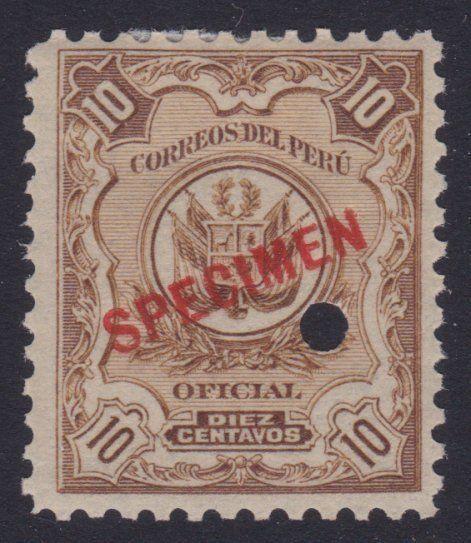PERU 1909 OFFICIAL 10c optd SPECIMEN in red + security punch hole...........7980