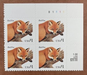 Scott 3036 RED FOX Plate Block of 4 US $1 Stamps MNH 1998