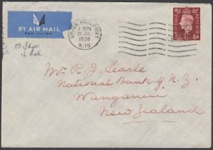 GB 1938 1½d rate 'All Up' airmail first flight cover to New Zealand.........Q123
