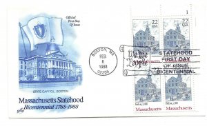 2341 Massachusetts Statehood Bicentennial, ArtCraft plate block FDC