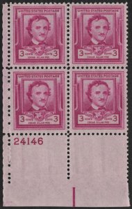 SC#986 3¢ Edgar Allan Poe Plate Block: LL #24146 (1949) MNH*