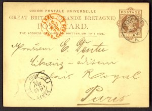 GREAT BRITAIN 1879 QV 1d POSTAL CARD London to Paris Mi.P14 Used