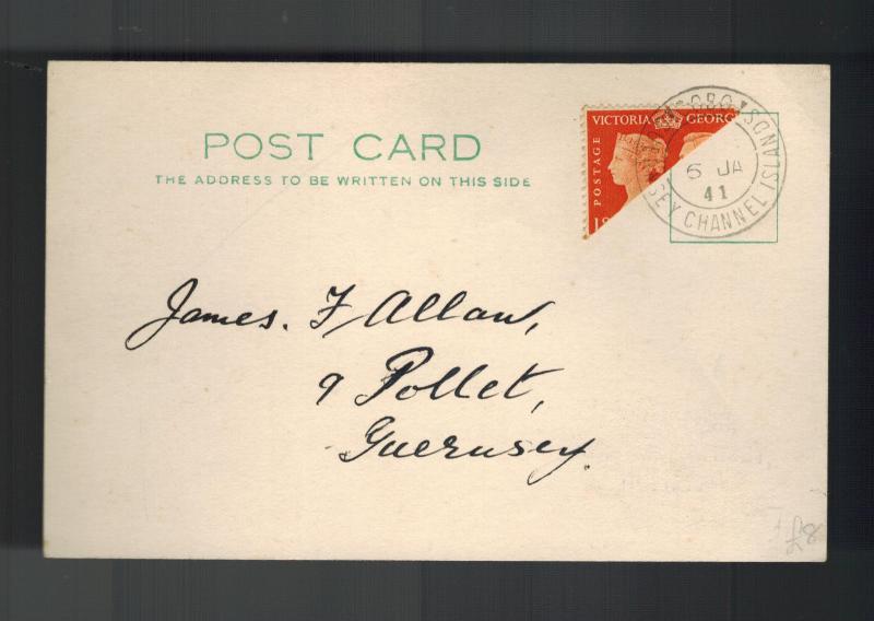 1941 Guernsey Occupied Channel Islands England Postcard Cover Bi Sect Stamp 3