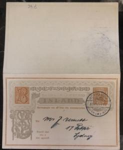 1910 Reykjavik Iceland Postal Stationary Reply Postcard Cover to USA H&G 38