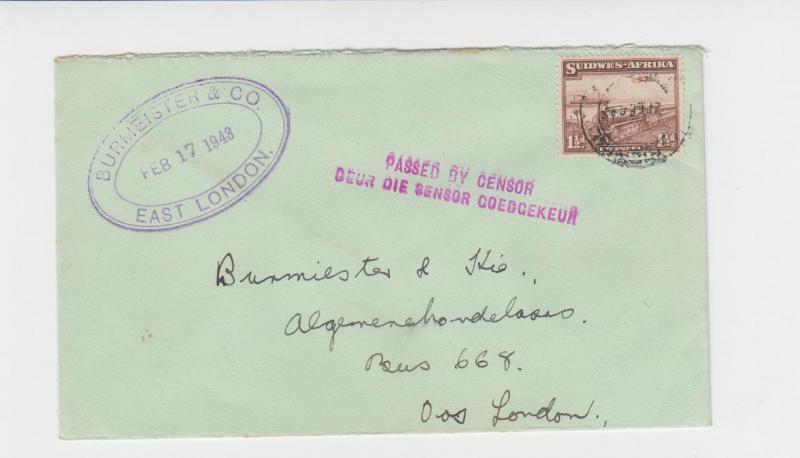 SOUTH WEST AFRICA -EAST LONDON 1943 CENSOR COVER,  1½d RATE (SEE BELOW