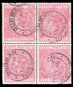 MOMEN: NATAL 5sh 1874-99 CROWN CC BLOCK USED LOT #65279