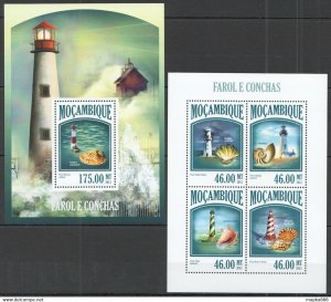 2013 Mozambique Marine Life Lighthouses Seashells Kb+Bl ** St2540